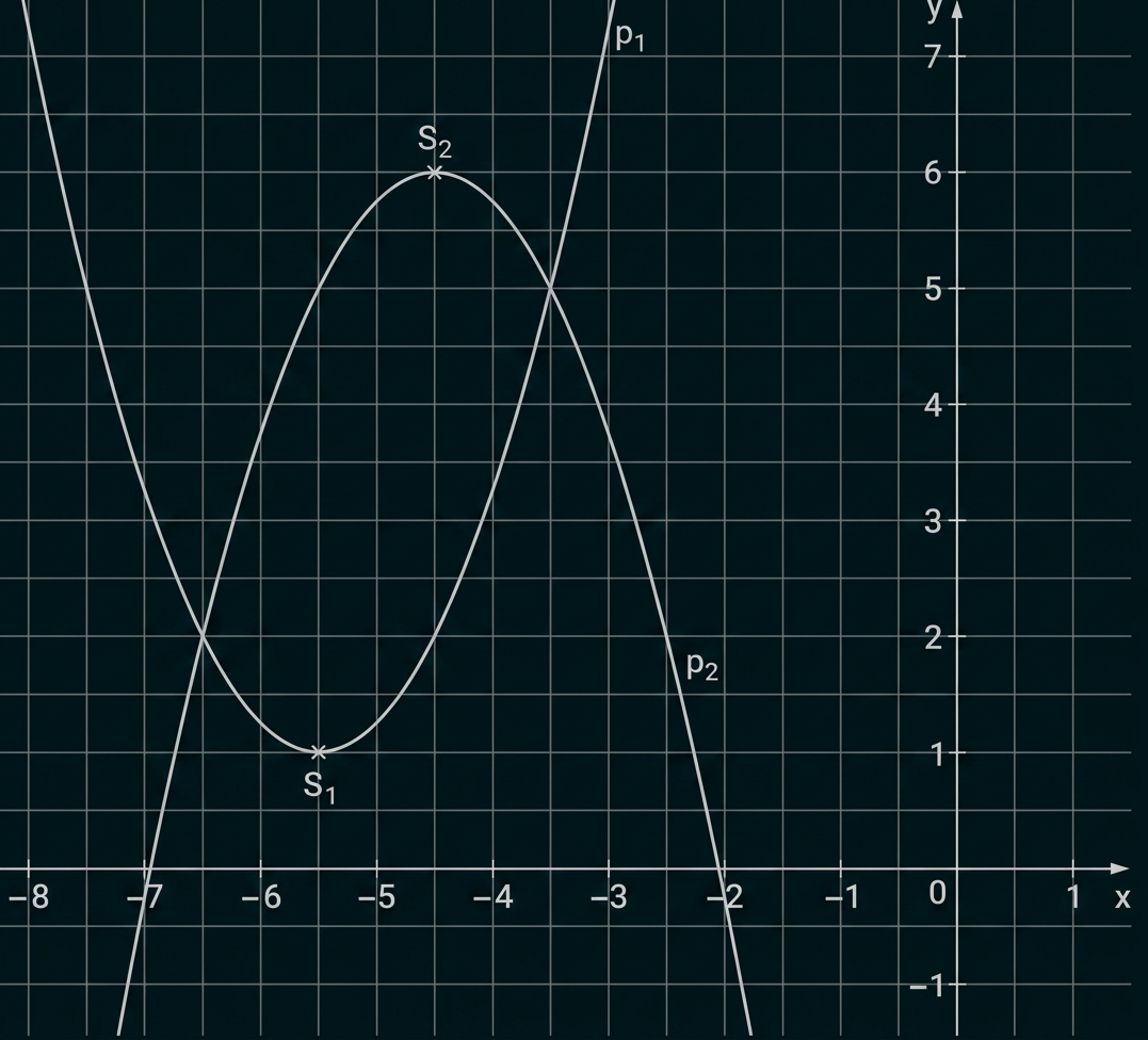 Koordinatensystem mit zwei Parabeln p₁ und p₂ sowie den Scheitelpunkten S₁ und S₂.
